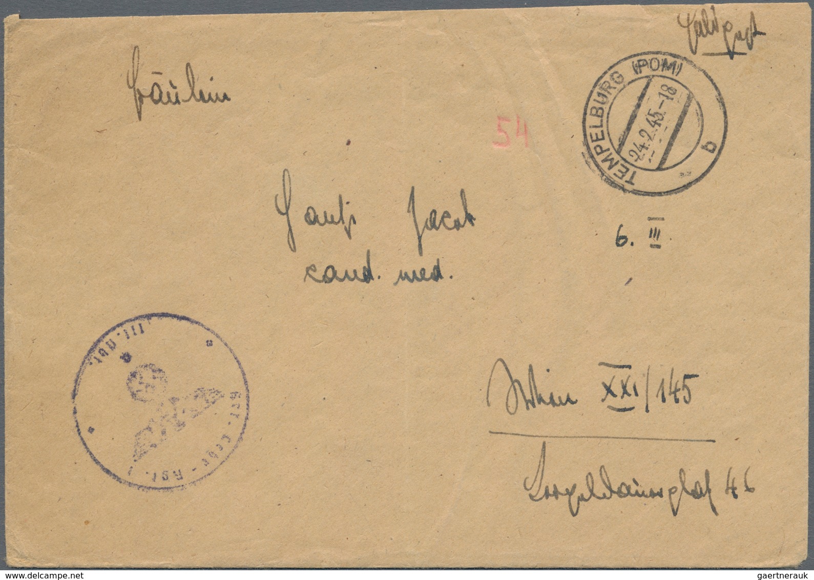 Feldpost 2. Weltkrieg: 1945 (24.2.), TEMPELBURG (POM) Auf FP-Brief (zweiseitiger Brieftext) Mit Abs. - Sonstige & Ohne Zuordnung