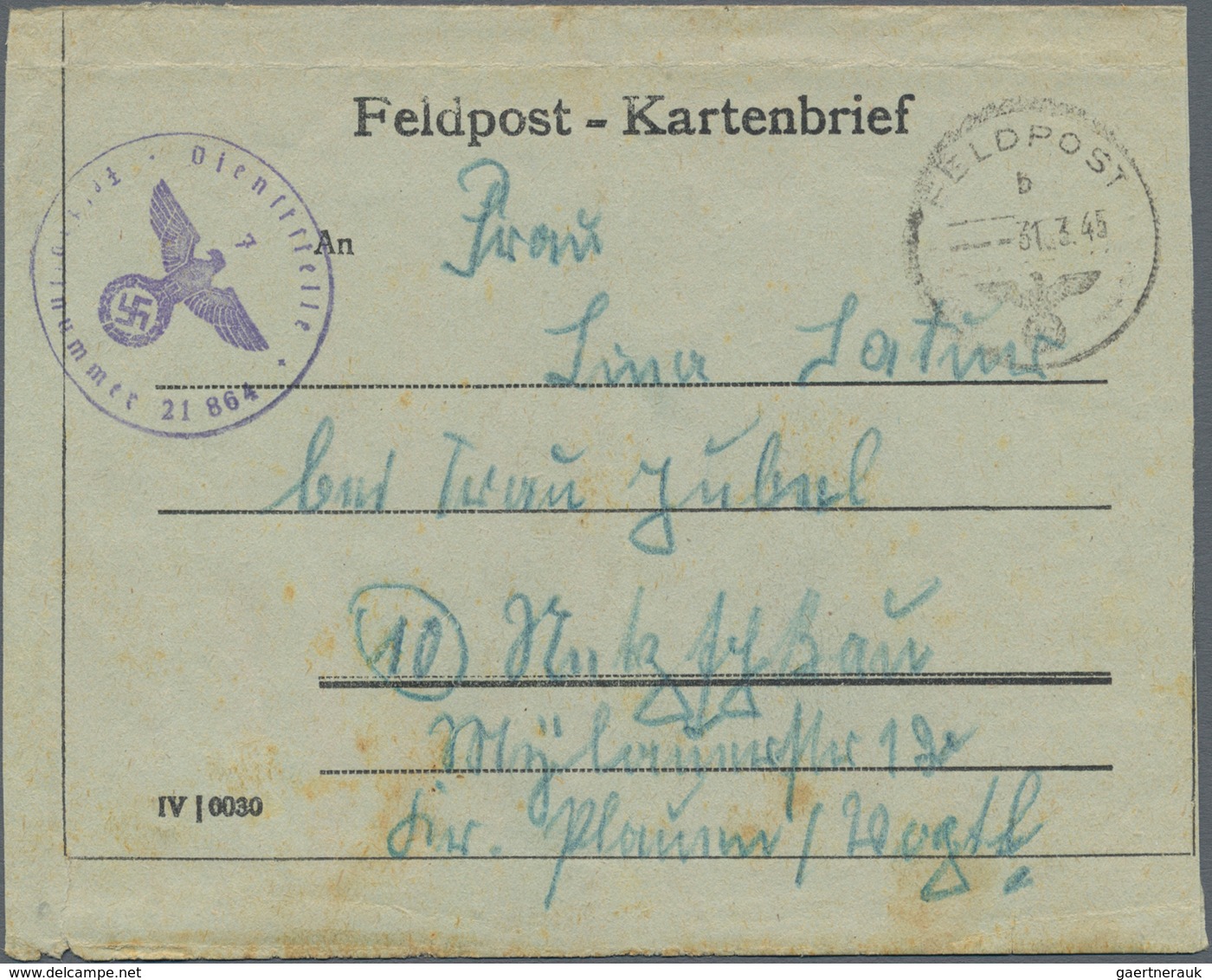 Feldpost 2. Weltkrieg: 1945 (31.3.), FP Faltbrief Eines Frontarbeiters Mit Abs. + Briefstempel 21864 - Other & Unclassified