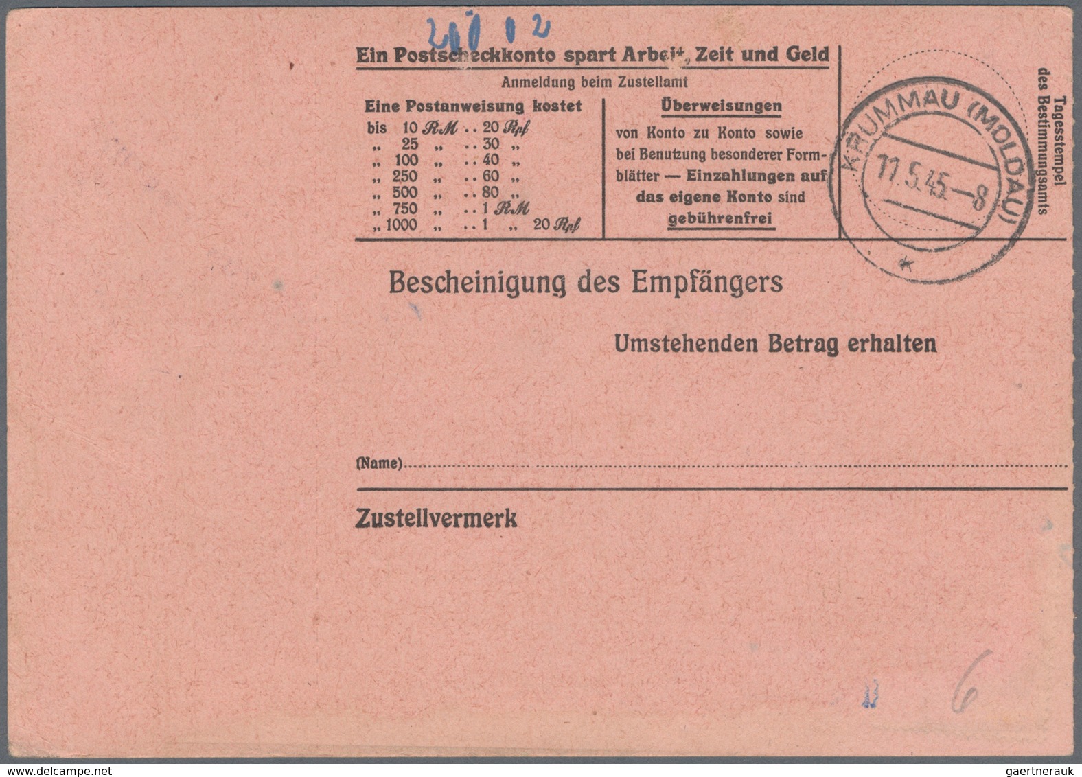 Feldpost 2. Weltkrieg: 1945, Sehr Späte Feldpost-Postanweisung über 4 RM 78 Rpf Von KRUMMAU(MOLDAU), - Sonstige & Ohne Zuordnung