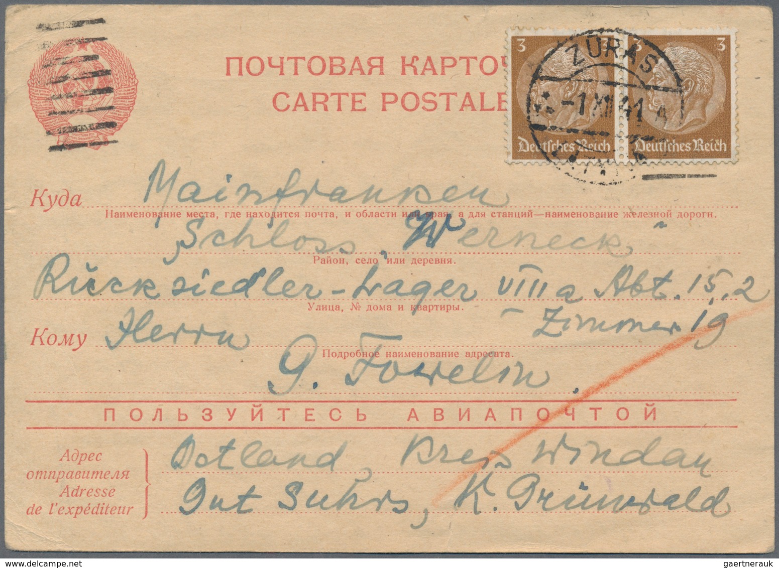 Kriegsgefangenen-Lagerpost: 1941 (1.11.) Karte Von Zuras, Lettland An Das Rücksiedler-Lager VIIIa, S - Other & Unclassified