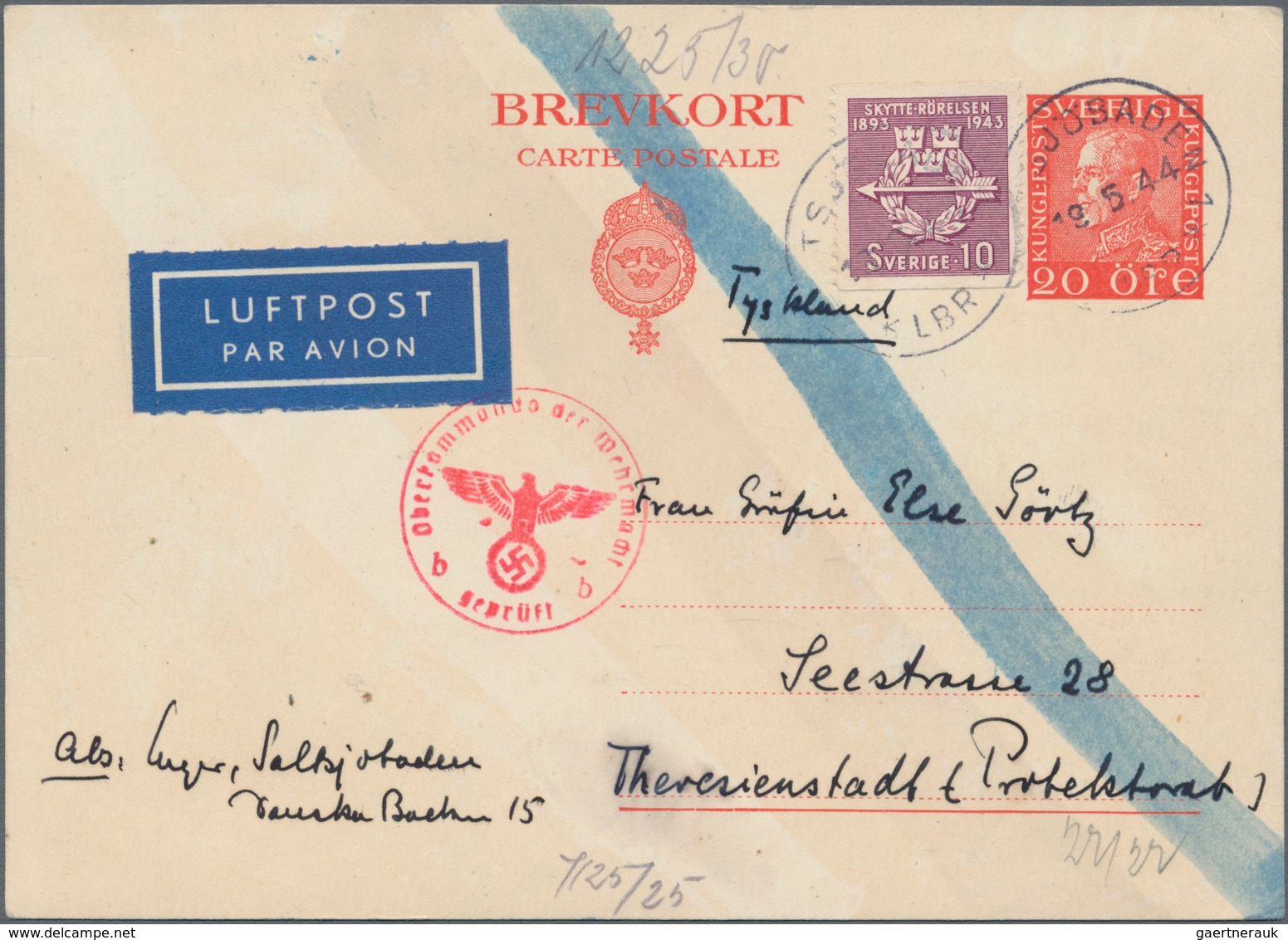 Ghetto-Post: Theresienstadt, 1944, Stationery Card Sweden 20 Oe. Uprated 10 Oe. For Airmail "SALTSJÖ - Autres & Non Classés