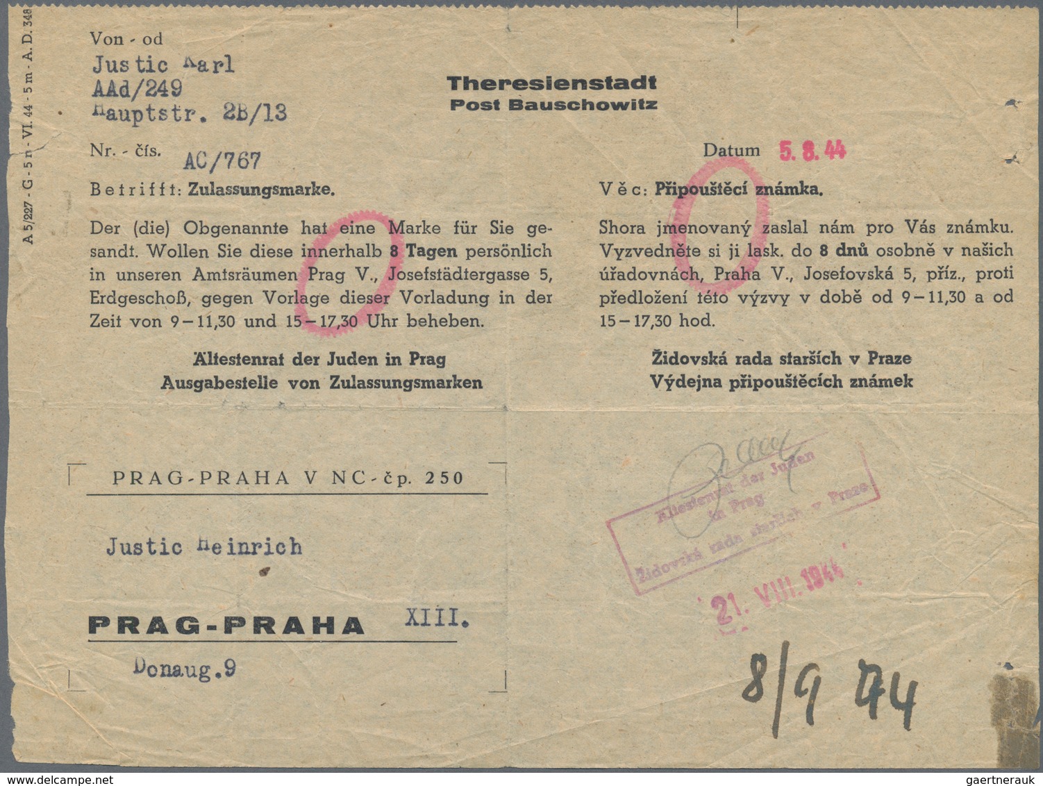 Ghetto-Post: 1944 (21.8.), Zweisprachiges Vordruckformular Des Ältestenrates Der Juden In Prag Für D - Sonstige & Ohne Zuordnung