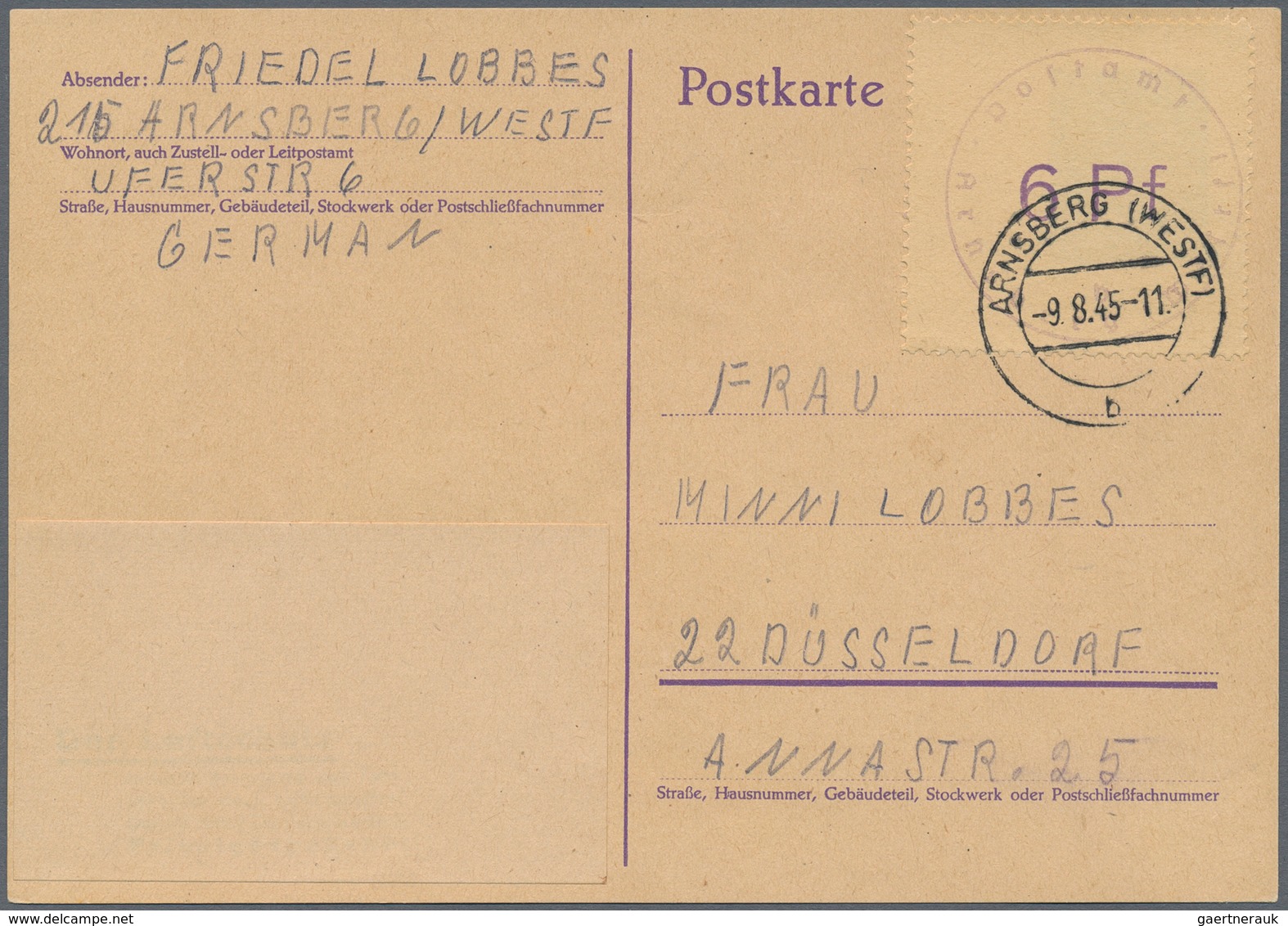 Deutsche Lokalausgaben Ab 1945: ARNSBERG: 1945, Gebührenzettel 6 Pf "ohne Punkt" Als Portogerechte E - Other & Unclassified