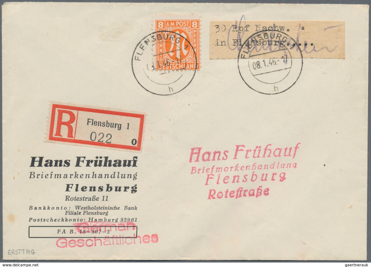 Deutsche Lokalausgaben Ab 1945: FLENSBURG, 1945, 30 Pf Gebührenzettel Zusammen Mit 8 Pf AM-Post Auf - Sonstige & Ohne Zuordnung