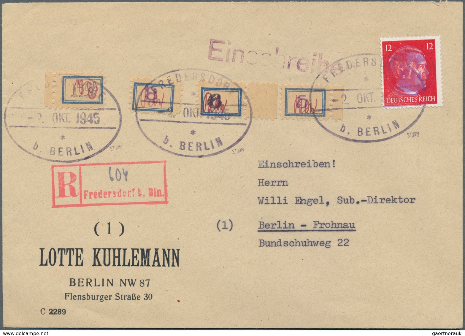 Deutsche Lokalausgaben Ab 1945: 1945, Einschreiben Ab FREDERSDORF 14. SEP 1945 Frankiert Je Mit 3-er - Sonstige & Ohne Zuordnung