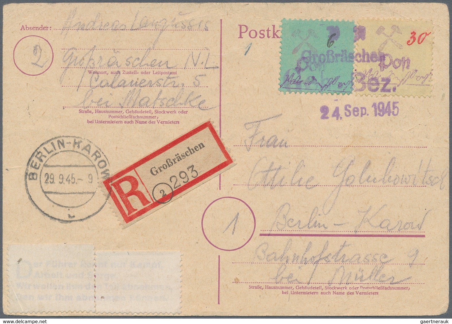 Deutsche Lokalausgaben Ab 1945: GROSSRÄSCHEN: 1945, Gebührenzettel 6 Pfg. Auf Grün Und 30 Pfg. Auf G - Andere & Zonder Classificatie