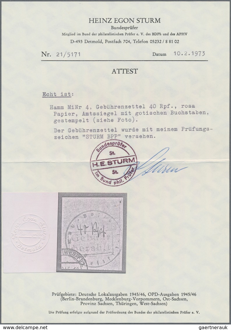 Deutsche Lokalausgaben Ab 1945: HAMM, 1945, 40 Rpf Gebührenzettel, Rosa Papier, Violettes Amtssiegel - Other & Unclassified