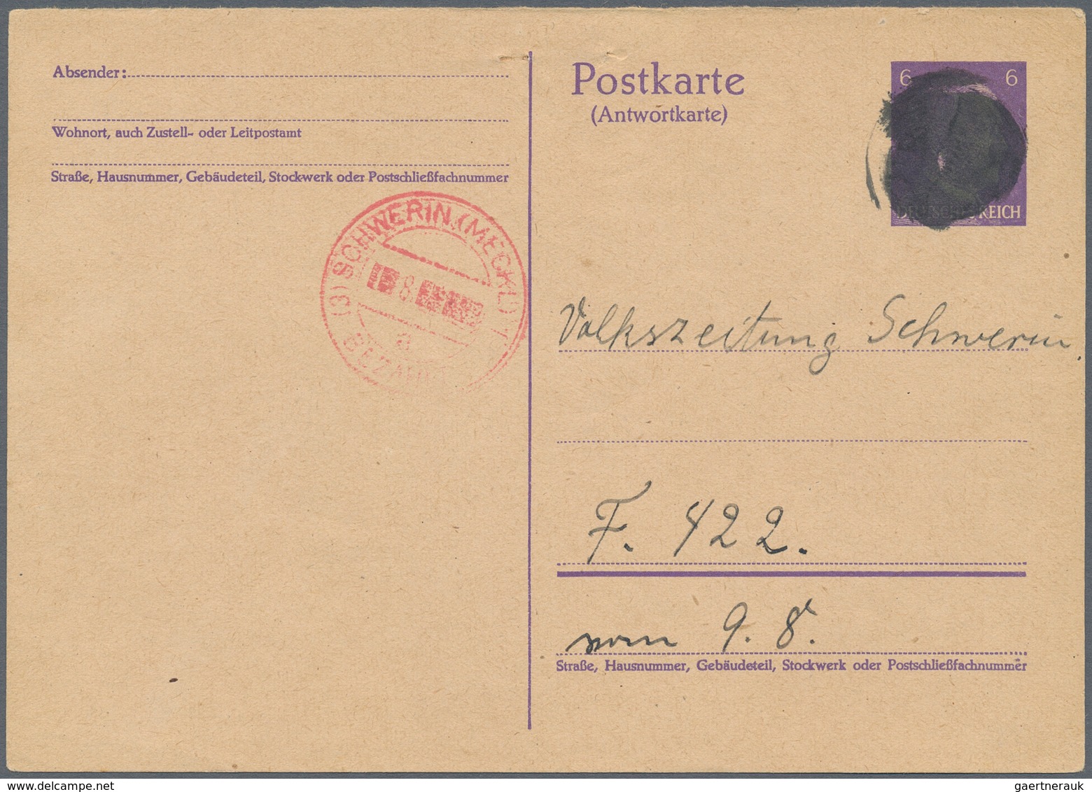 Alliierte Besetzung - Notausgaben: Sowjetische Zone: SCHWERIN: 1945, (6 Pfg.) Auf Antwortkarte 6 Pfg - Other & Unclassified