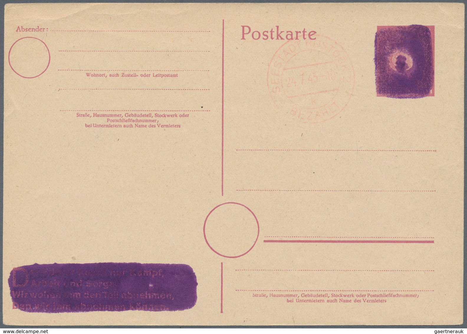 Alliierte Besetzung - Notausgaben: Sowjetische Zone: ROSTOCK: 1945, 6 Pfg. Not-Ganzsachenkarte ähnli - Other & Unclassified