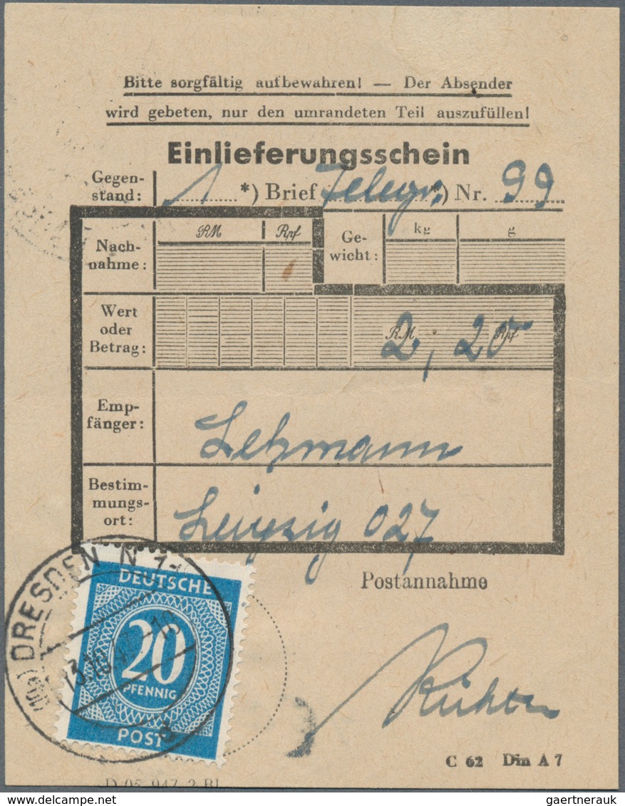 Alliierte Besetzung - Gemeinschaftsausgaben: 1946, 20 Pf Ziffer Als EF Auf Einlieferungsschein Für E - Other & Unclassified