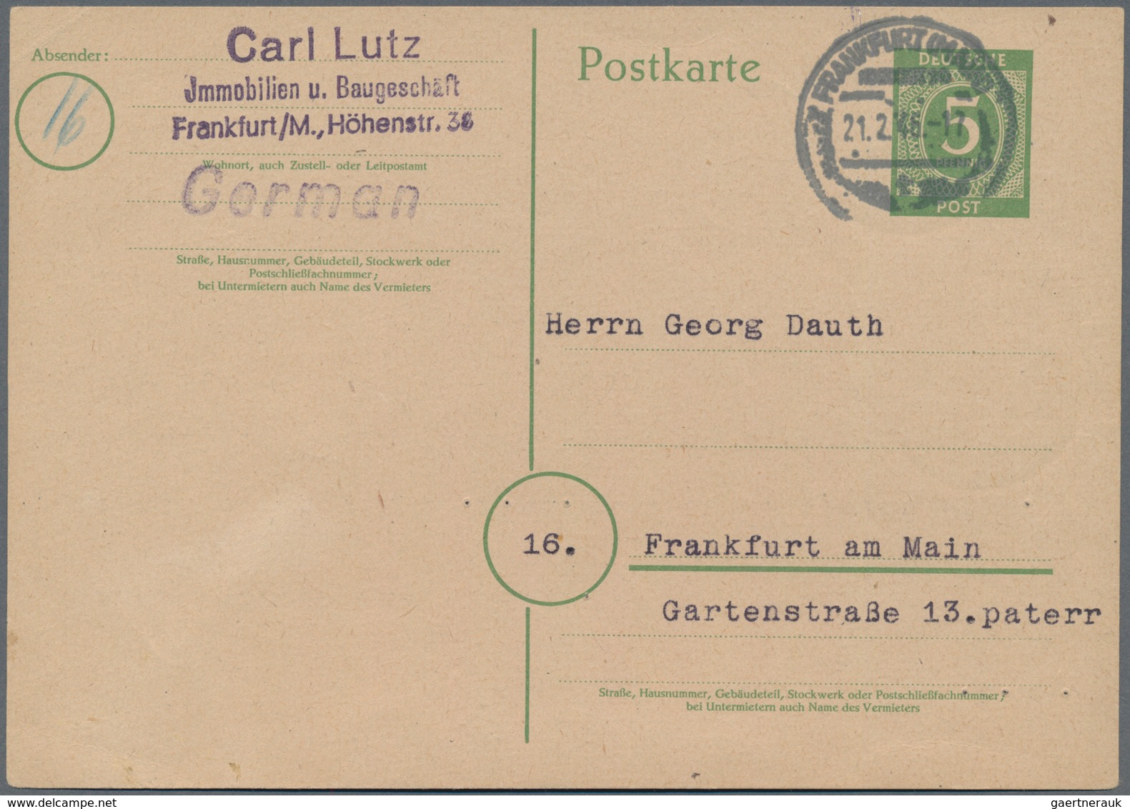 Alliierte Besetzung - Ganzsachen: 1946, Karte 5 Pfg. Ziffer, Portogerechte Bedarfsverwendung Von "FR - Sonstige & Ohne Zuordnung