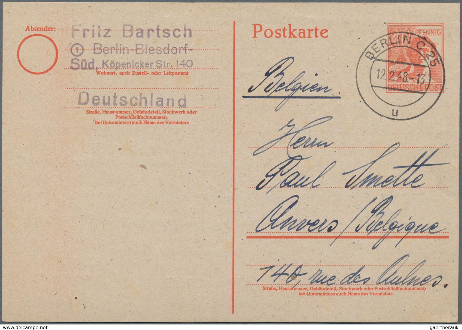Alliierte Besetzung - Ganzsachen: 1947, II. Kontrollratsausgabe Ganzsachenpostkarte Mit Wst. Arbeite - Sonstige & Ohne Zuordnung