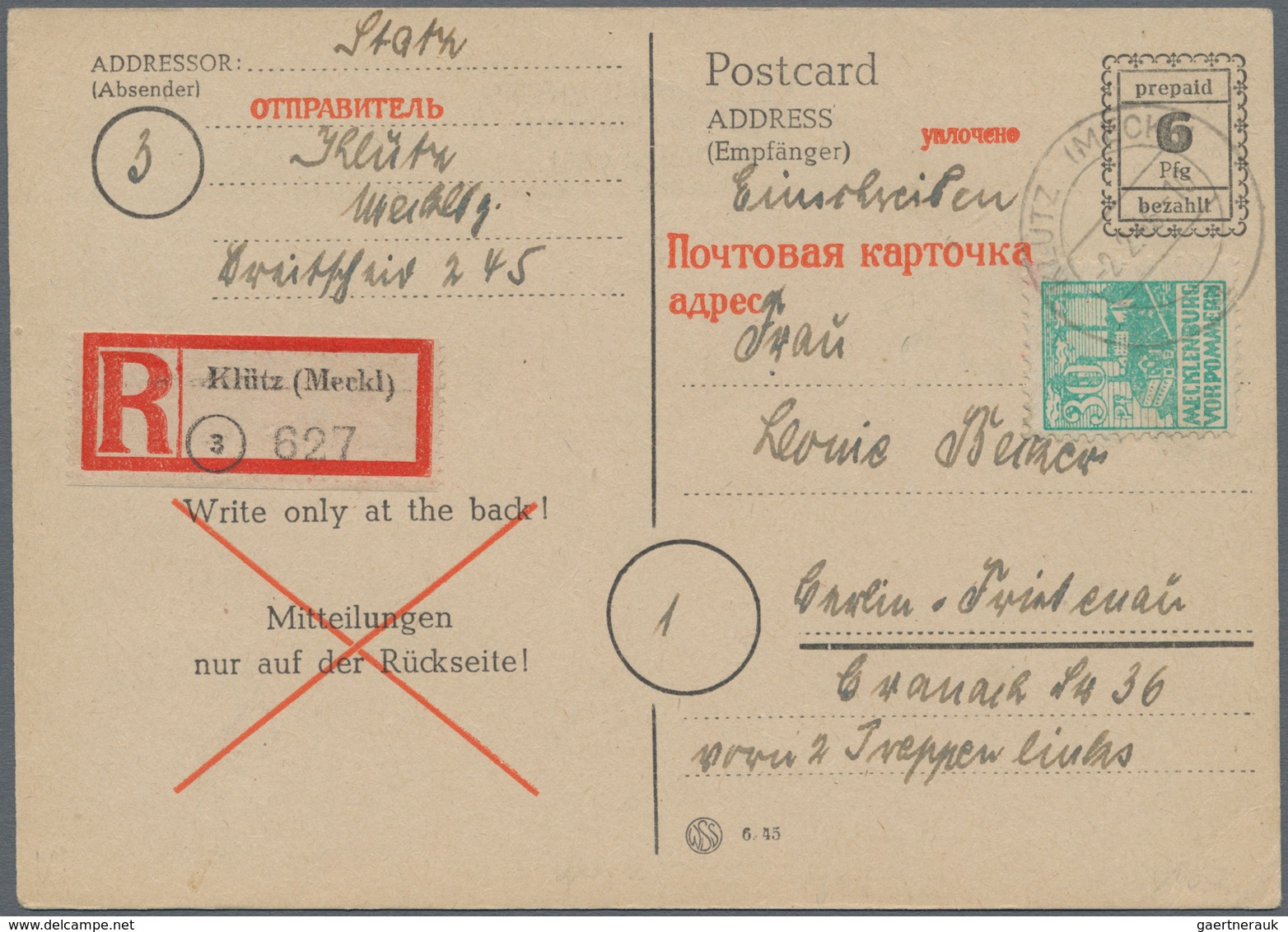 Alliierte Besetzung - Ganzsachen: 1946. Behelfs-Postkarte 6 Pf. Mit 30 Pf Zfr. In SEHR SELTENER Verw - Andere & Zonder Classificatie