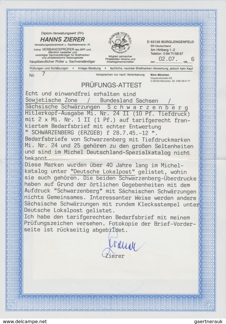 Sowjetische Zone - Sächsische Schwärzungen: SCHWARZENBERG: 1945, 1 Pf Hitler, Zwei Stück Und 10 Pf M - Andere & Zonder Classificatie