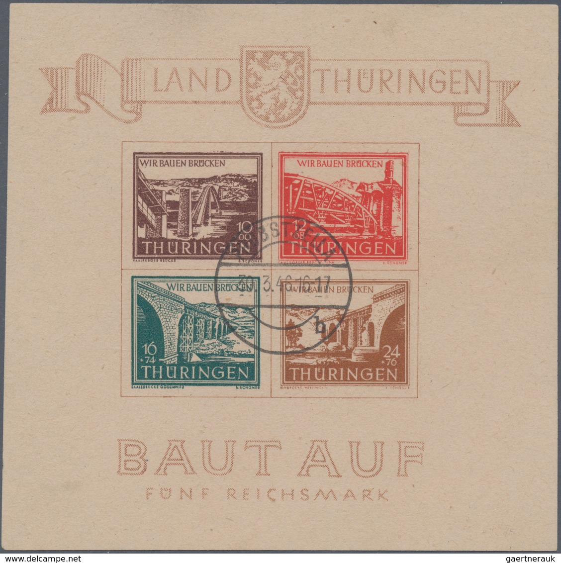 Sowjetische Zone - Thüringen: 1946, Brückenbau Block, Zentrisch Entwertet PROBSTZELLA B, 30.3.46, Bl - Sonstige & Ohne Zuordnung