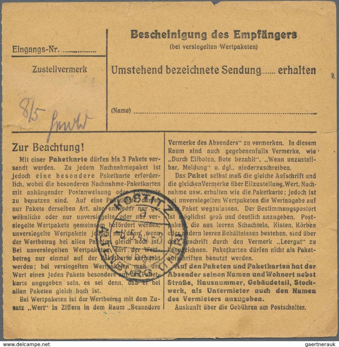 Sowjetische Zone - West-Sachsen: 1946, 60 Pfg. Ziffer Mit Wz. "Y" Auf Paketkartenstammteil Ab CHEMNI - Other & Unclassified