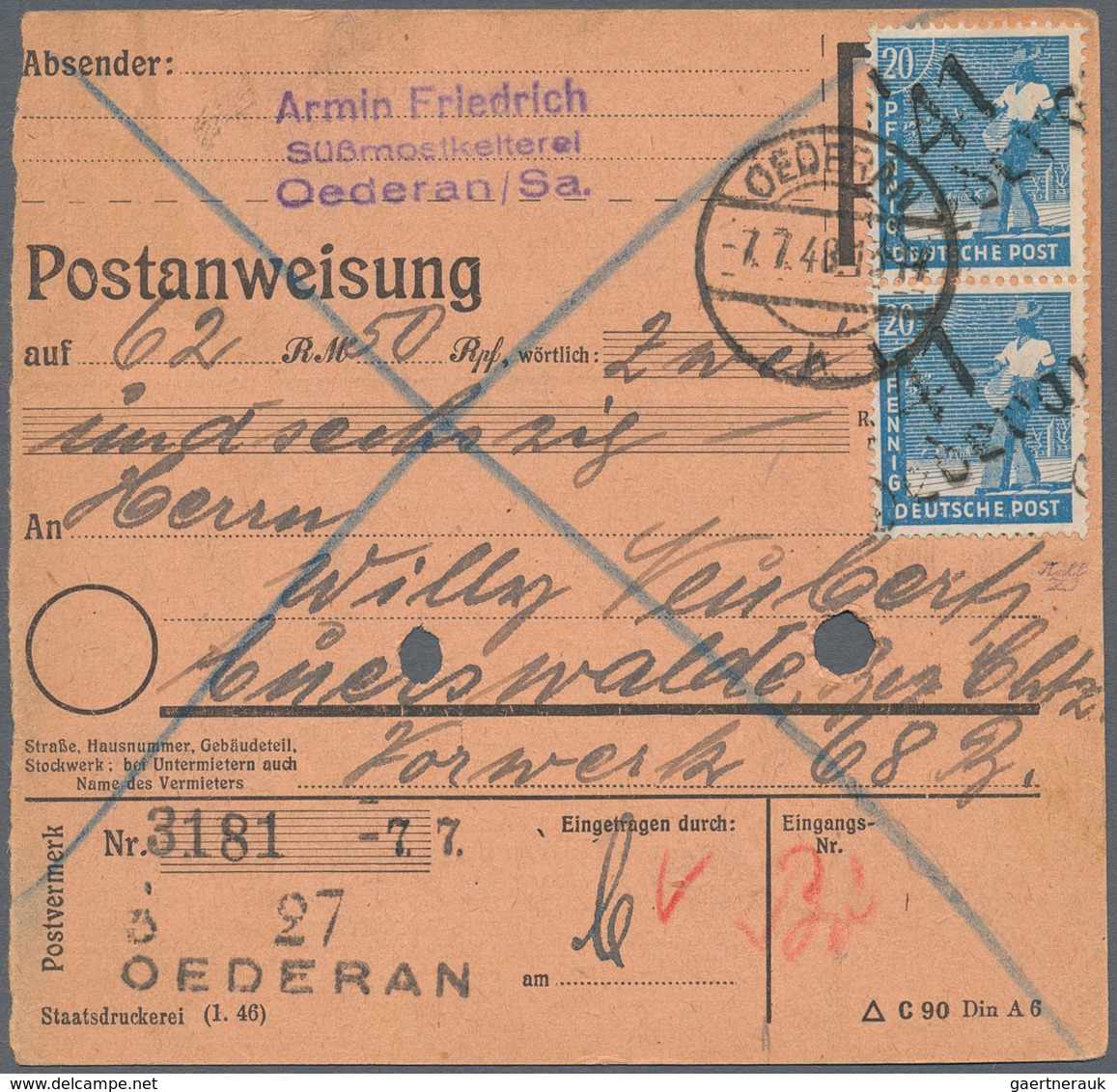 Sowjetische Zone - Bezirkshandstempel - X - Bez. 41 (Chemnitz): 1948, 20 Pfg. Arbeiter Mit Aufdruck - Andere & Zonder Classificatie