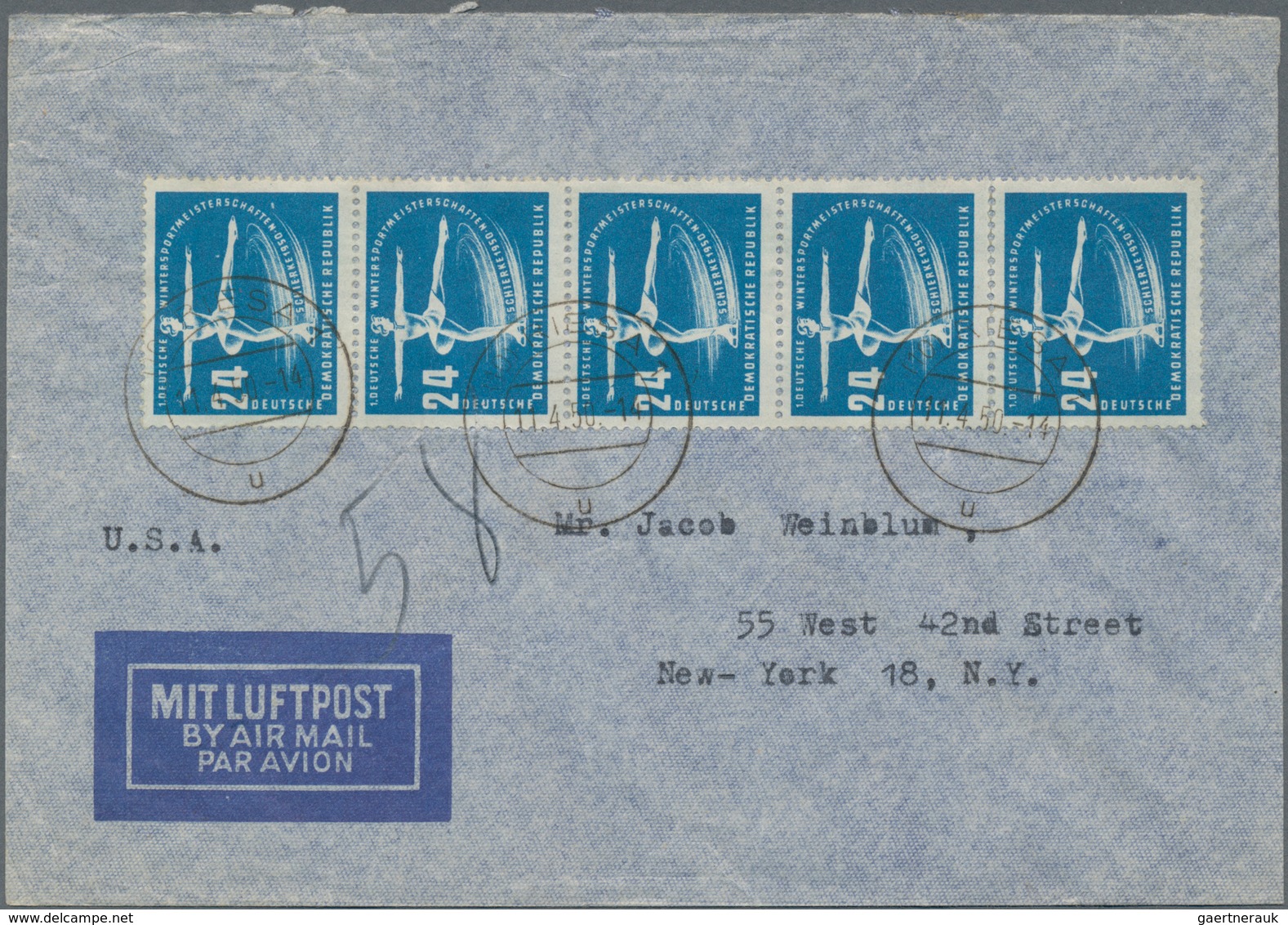 DDR: 1950, 24 Pf Wintersport 'Eiskunstläuferin', Senkrechter 5er-Streifen Als Portogerechte MeF Auf - Other & Unclassified