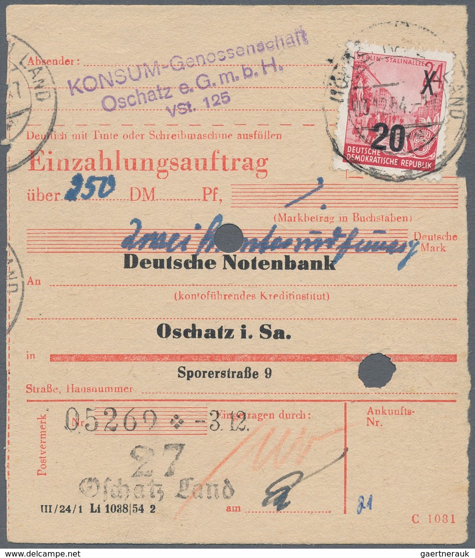 DDR: 1954, 20 Auf 24 Pf Bräunlichkarmin Aufdruckwert Als EF Auf EINZAHLUNGSSCHEIN Von Der KONSUM-GEN - Sonstige & Ohne Zuordnung