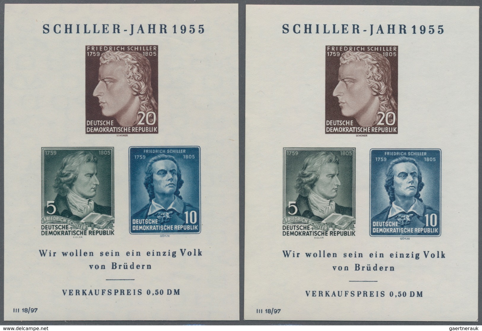 DDR: 1955, Blockausgabe 150. Todestag Schiller, Vier Postfrische Exemplare Mit Plattenfehlern II, IV - Sonstige & Ohne Zuordnung