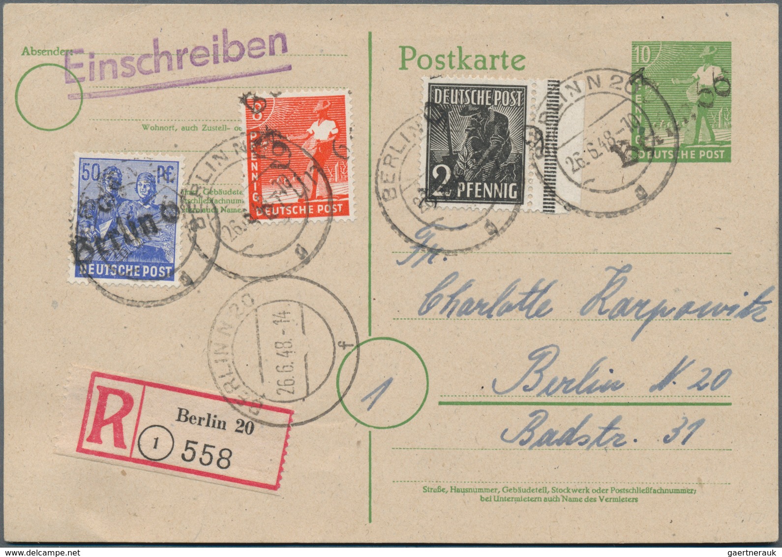 Berlin - Vorläufer: 1948, Gebrauchte Ganzsachenpostkarte Der II. Kontrollratsausgabe Wst. Sämann 10 - Brieven En Documenten