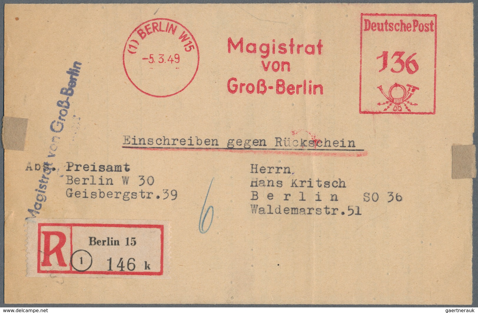 Berlin: 1946, 136 Pf Freistempel 'Magistrat Von Groß-Berlin' (1)BERLIN W15, 5.3.49, Auf Einschreibe- - Covers & Documents