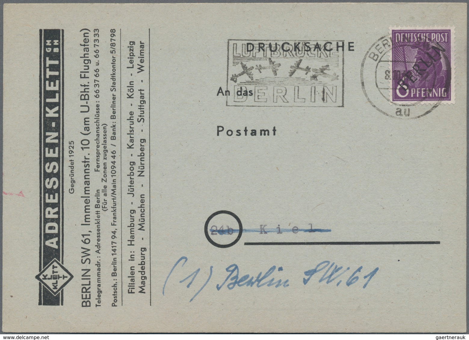 Berlin: 1948, 6 Pf. Schwarzaufdruck Mit Masch.Stpl. BERLIN SW 61 / 8.10.48 Auf Vorgedruckter Anschri - Covers & Documents