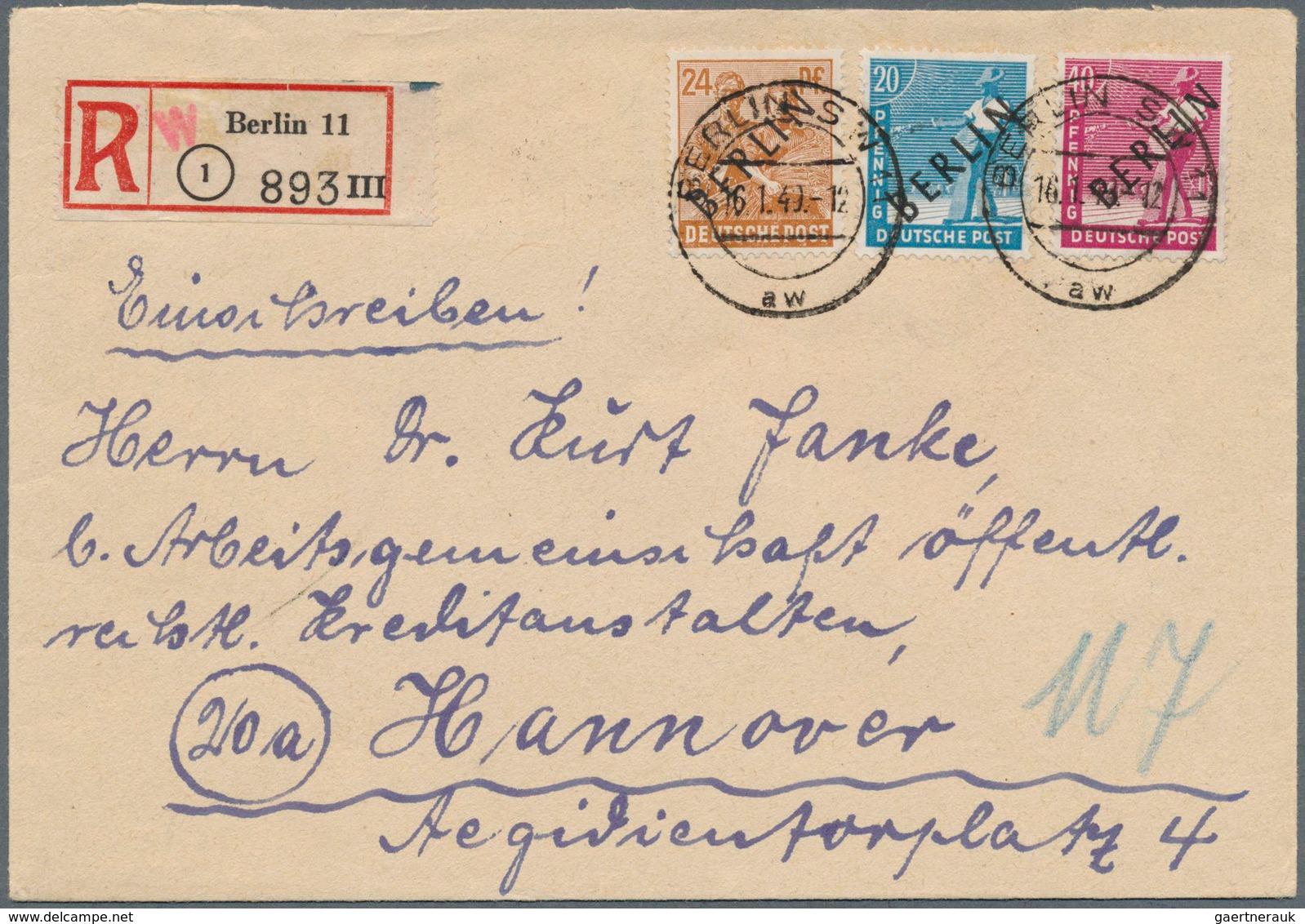 Berlin: 1949: 20, 24 Und 40 Pf Scharzaufdruck Zusammen Auf Brief Ab Berlin SW 11 Vom 16.1.49 Nach Ha - Briefe U. Dokumente