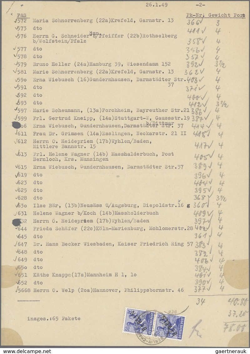 Berlin: 50 Pf. Schwarzaufdruck Im Paar Auf Selbst Gefertigter Einlieferungsliste über Insges. 65 Pak - Briefe U. Dokumente