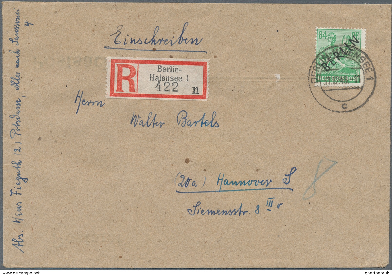Berlin: 84 Pf. Schwarzaufdruck Als EF Auf R-Bf. Ab Berlin-Halensee Vom 31.12.48 Nach Hannover Wobei - Briefe U. Dokumente