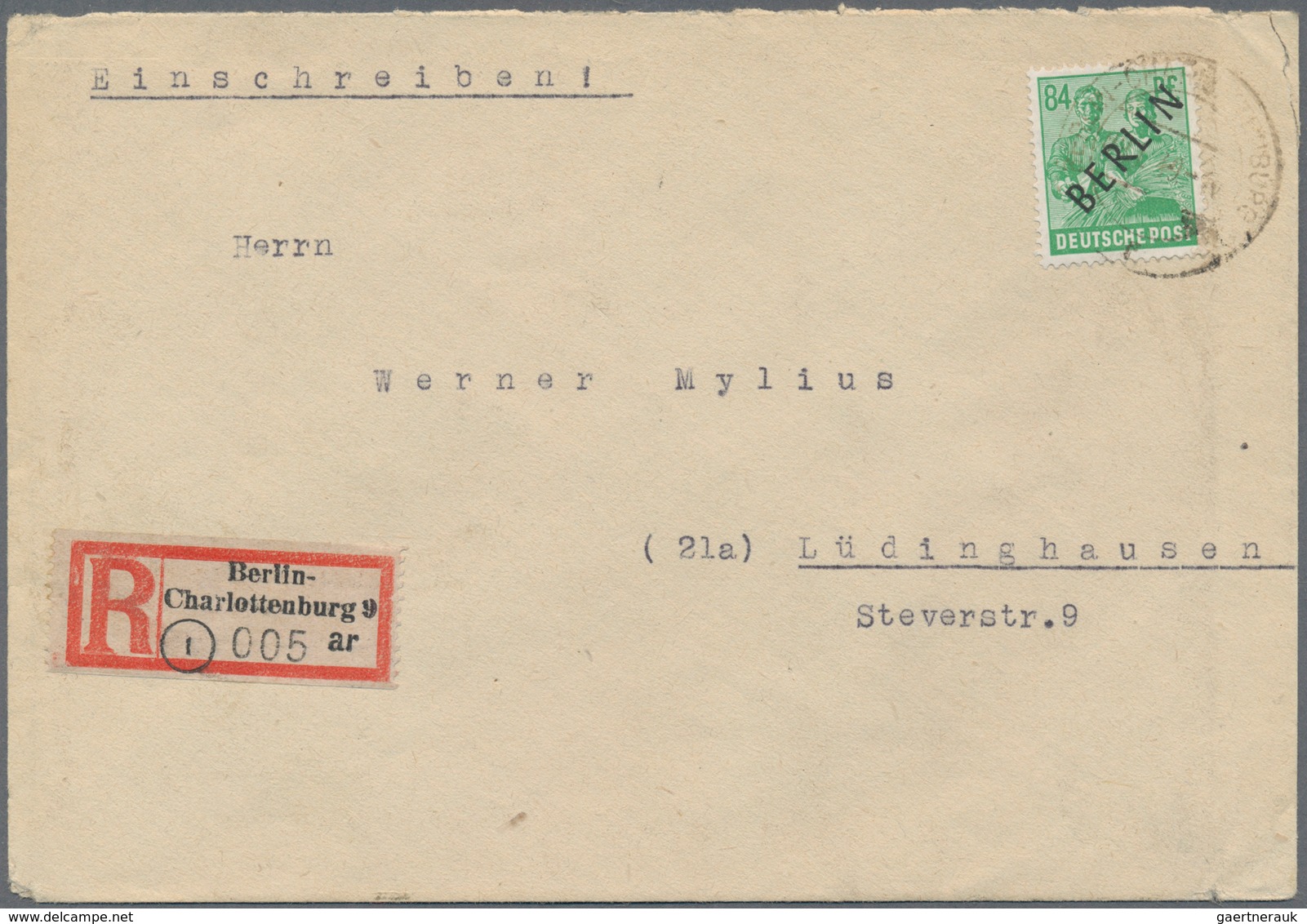 Berlin: 1949, R-Brief Mit 84 Pf Schwarzaufdruck Ab Berlin-Charlottenburg Nach Lüdringhausen Mit Anku - Briefe U. Dokumente