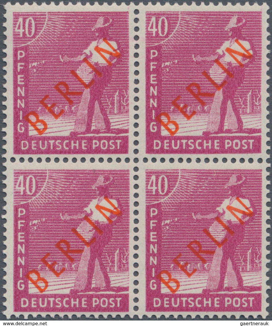 Berlin: 1949, Rotaufdruck, Komplette Serie In 4er-Blocks, Dabei Die Beiden Markwerte Aus Der Linken - Briefe U. Dokumente