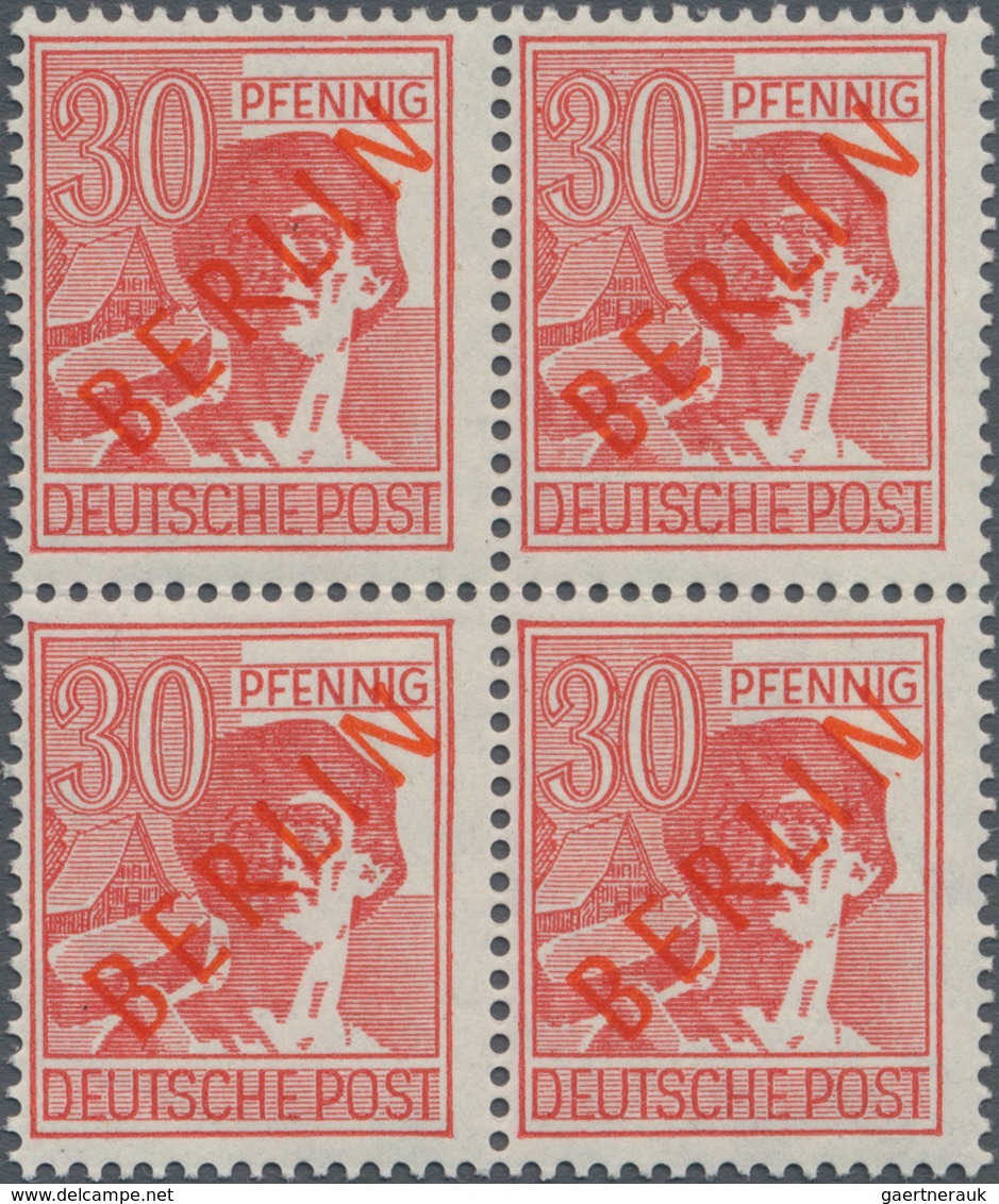 Berlin: 1949, Rotaufdruck, Komplette Serie In 4er-Blocks, Dabei Die Beiden Markwerte Aus Der Linken - Briefe U. Dokumente
