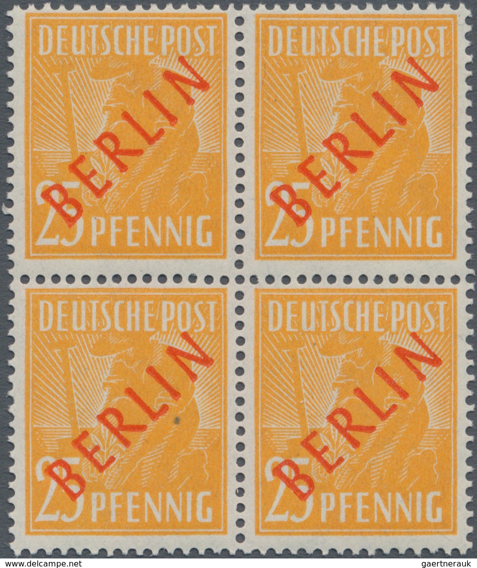 Berlin: 1949, Rotaufdruck, komplette Serie in 4er-Blocks, dabei die beiden Markwerte aus der linken