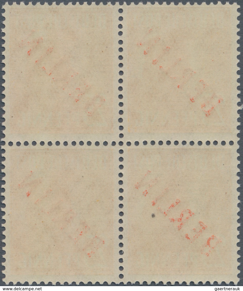 Berlin: 1949, Rotaufdruck, komplette Serie in 4er-Blocks, dabei die beiden Markwerte aus der linken