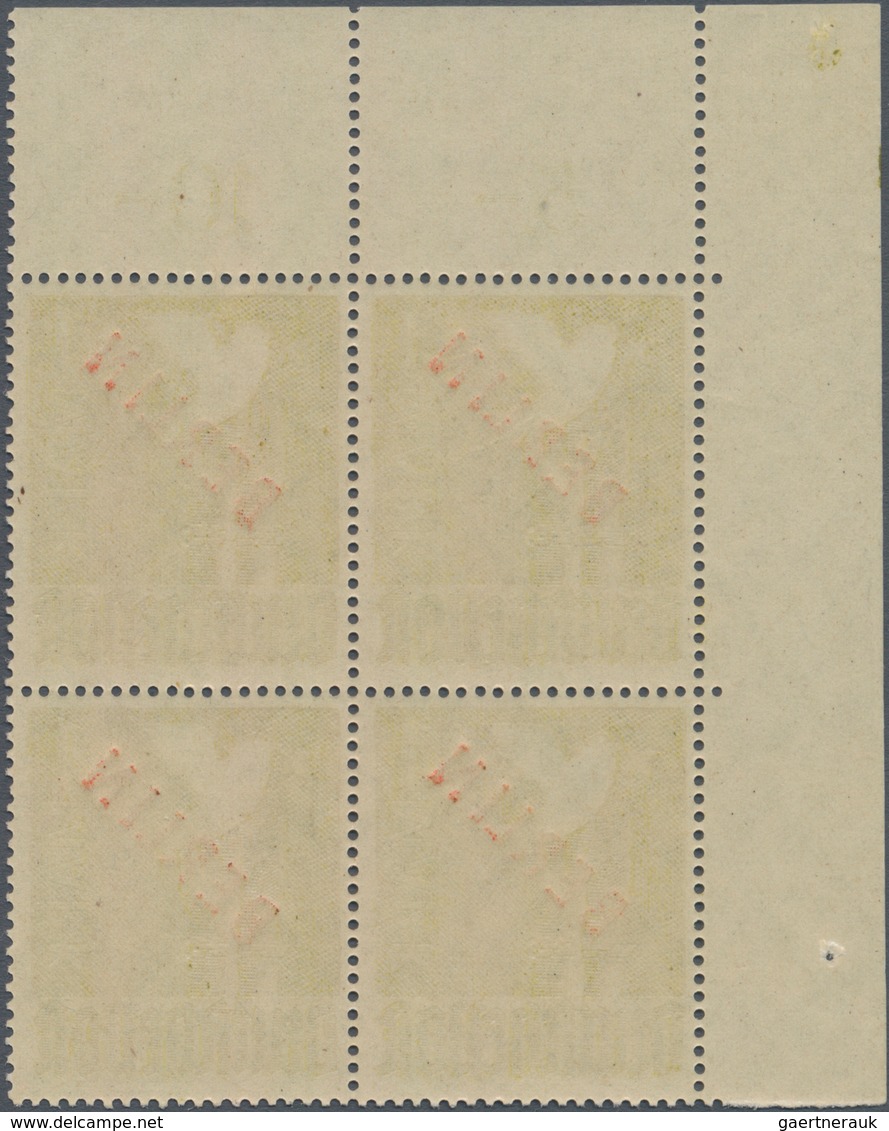 Berlin: 1949, Rotaufdruck, komplette Serie in 4er-Blocks, dabei die beiden Markwerte aus der linken