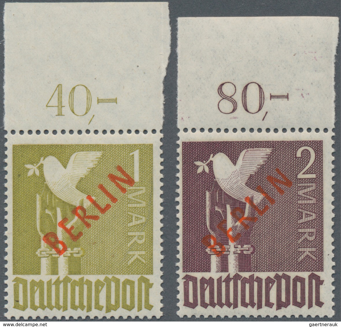 Berlin: 1949, Rotaufdruck, 2 Pfg. Bis 2 DM, Kompletter Satz Vom Bogenrand, Dabei Die Beiden Markwert - Covers & Documents