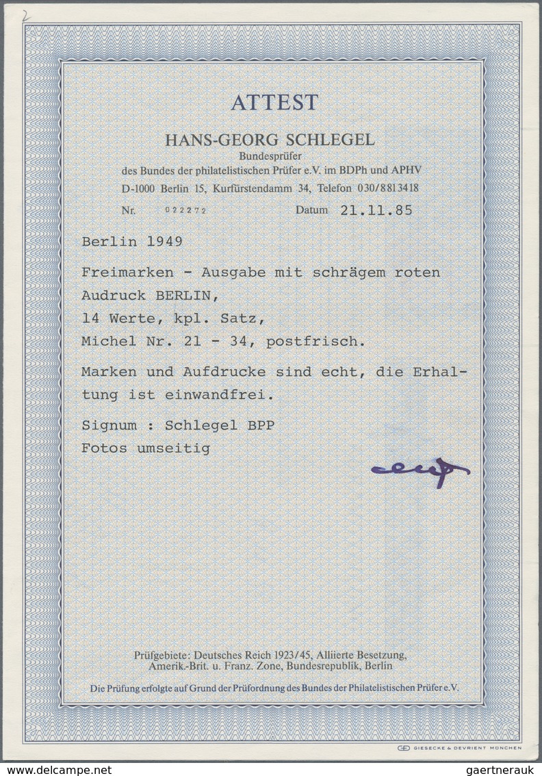 Berlin: 1949, Rotaufdruck, 2 Pfg. Bis 2 DM, Kompletter Satz Vom Bogenrand, Dabei Die Beiden Markwert - Briefe U. Dokumente