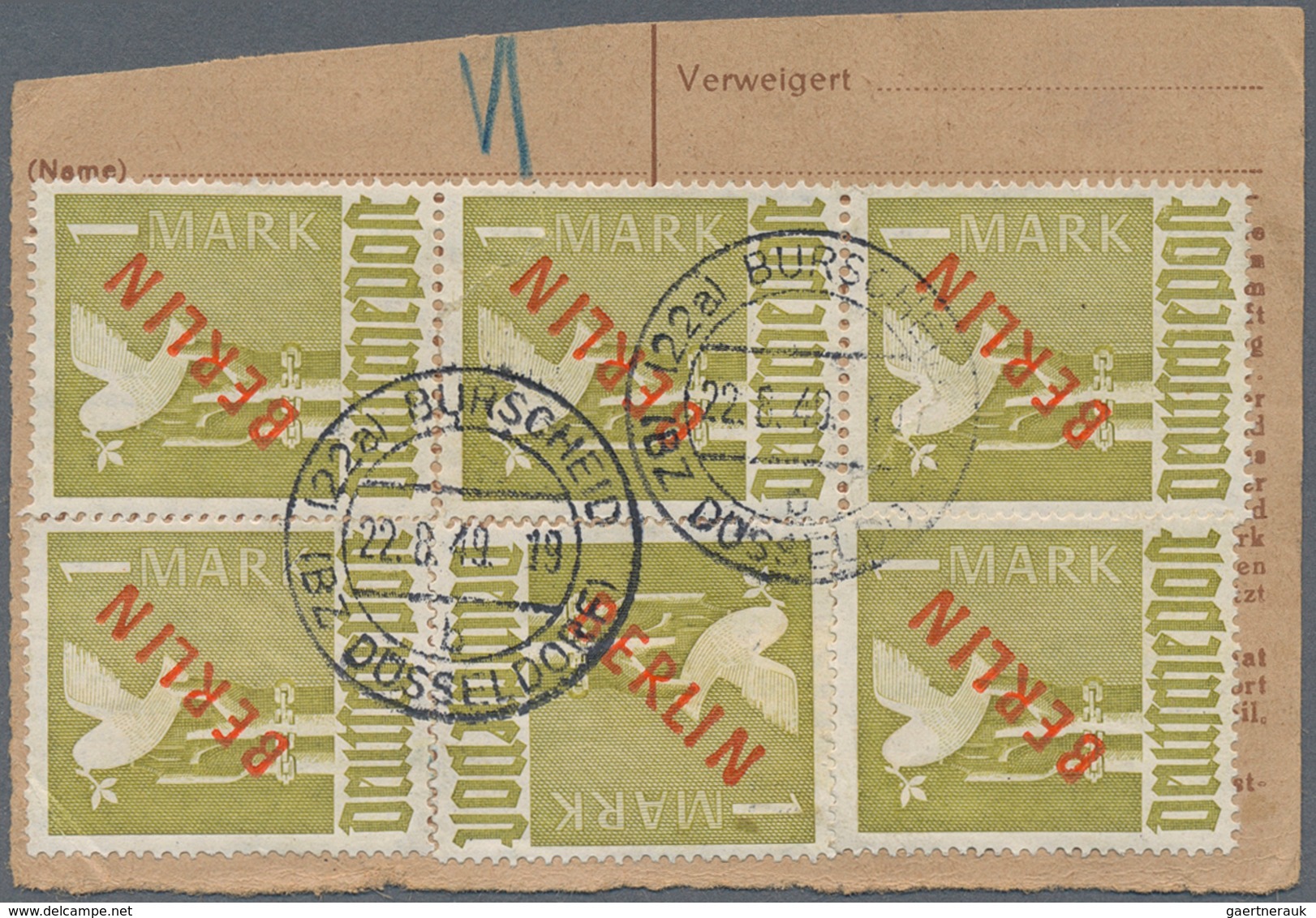 Berlin: 1949: Halbierte NACHNAHME-PAKETKARTE Mit Gebühr 7,20 DM – Dafür 20 Pf. Und 7 X 1.- DM ROTAUF - Briefe U. Dokumente