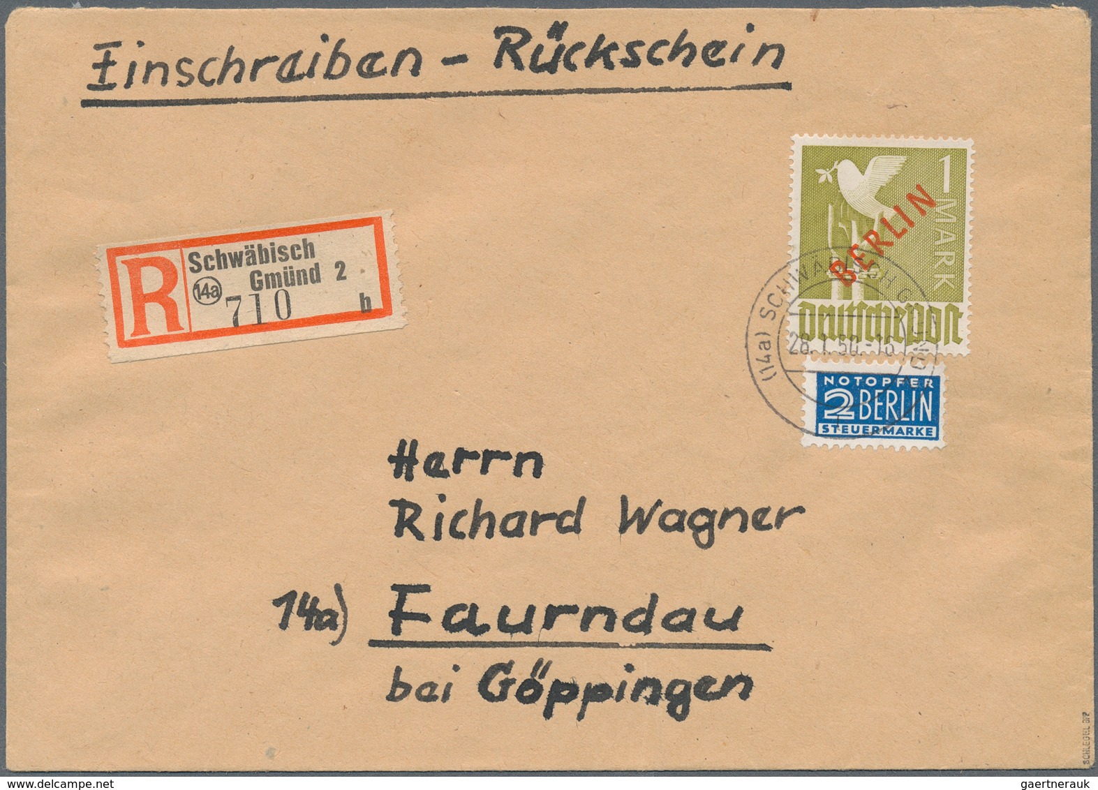 Berlin: 1 DM Rotaufdruck Als EF Auf R-Bf. Mit Rückschein Ab Schwäbisch Gmünd Vom 28.1.50 Nach Faurnd - Covers & Documents