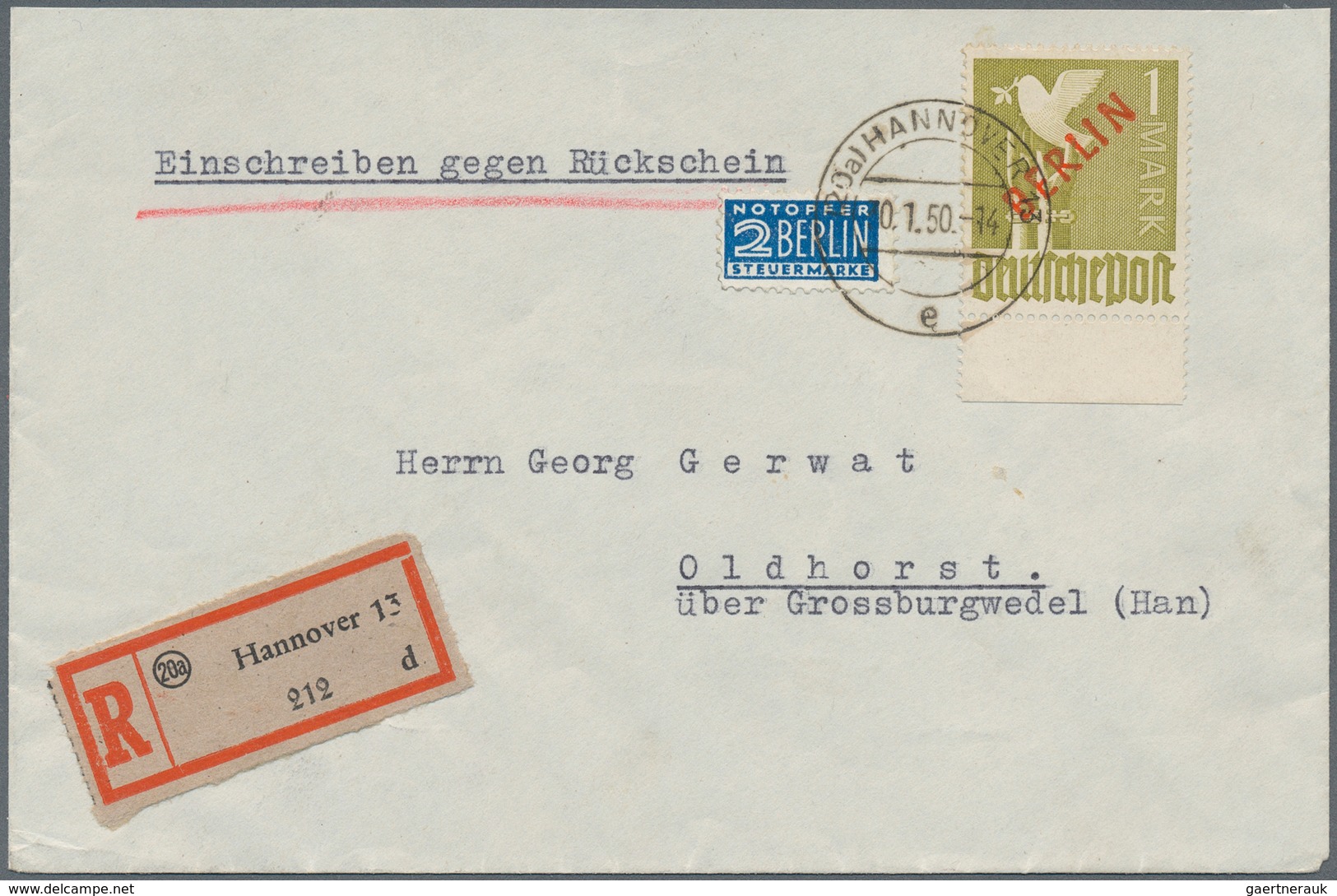 Berlin: 1 DM Rotaufdruck Vom Unterrand Als EF Auf R-Bf. Mit Rückschein Ab Hannover Vom 30.1.50 Nach - Briefe U. Dokumente