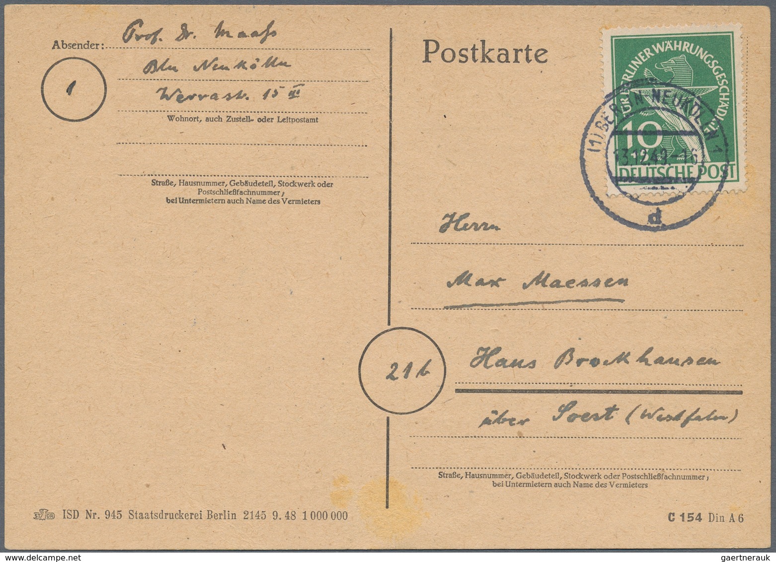 Berlin: 1949, 10 Pfg. Währungsgeschädigte Als Portogerechte Einzelfrankatur Auf Karte Von "BERLIN-NE - Briefe U. Dokumente