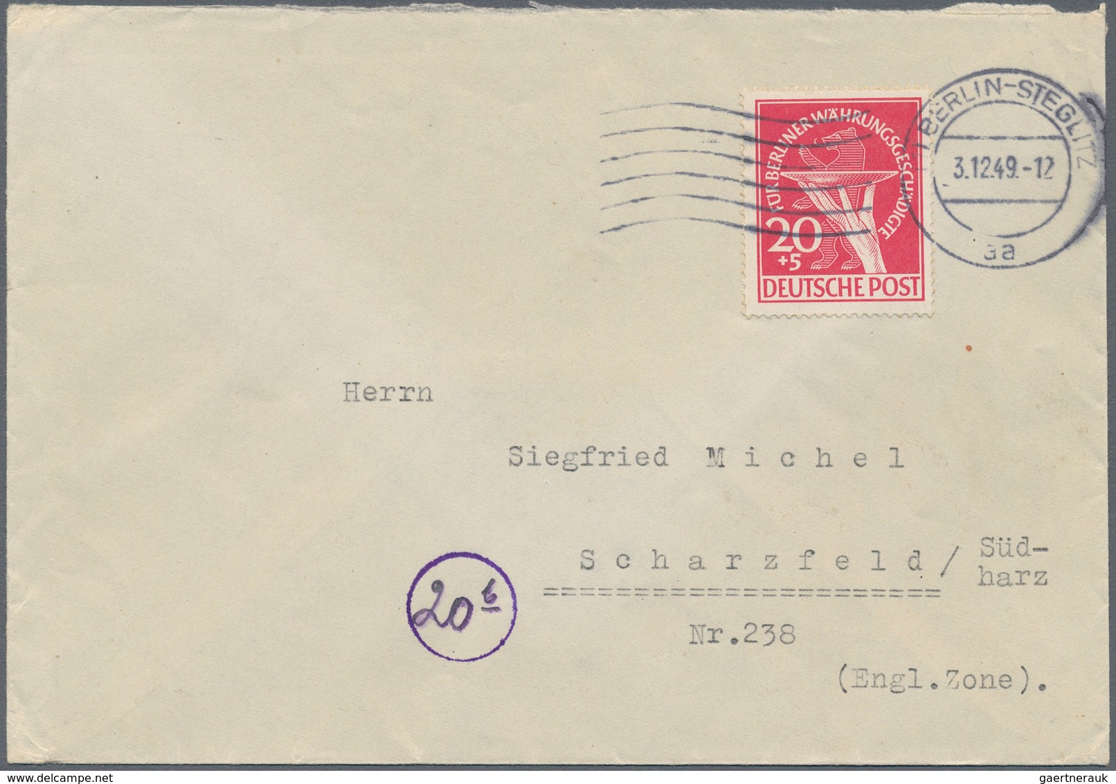 Berlin: 1949, 20 Pfg. Währungsgeschädigte Als Portogerechte Einzelfrankatur Auf Brief Von "BERLIN-ST - Covers & Documents