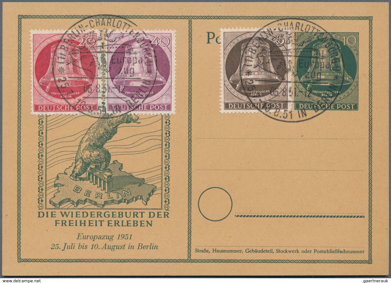 Berlin: 1951, Glocke Links 5 Pfg., 20 Pfg. Und 40 Pfg. Beigeklebt Auf Blanko Ganzsachenkarte P 25, K - Briefe U. Dokumente
