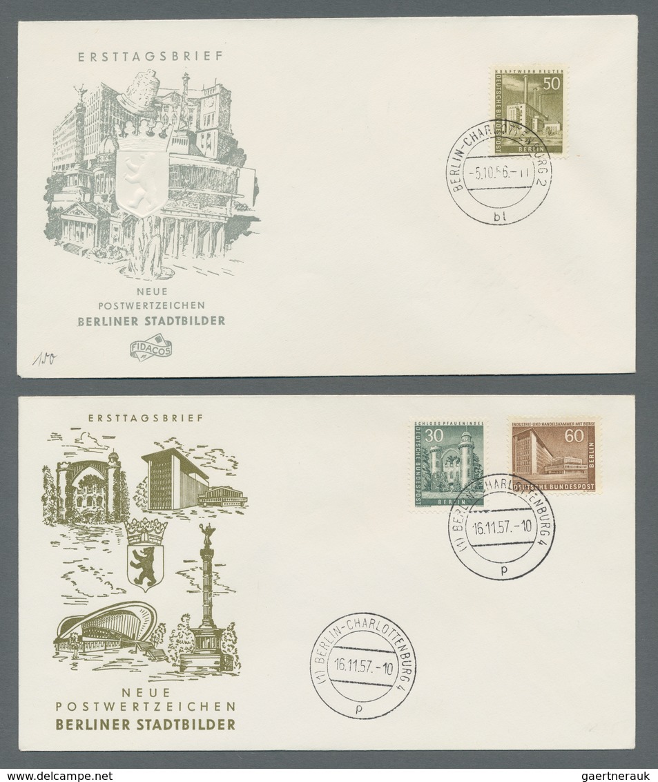 Berlin: 1956/58, "Berliner Stadtbilder I und II", komplett auf insgesamt dreizehn FDC in tadelloser