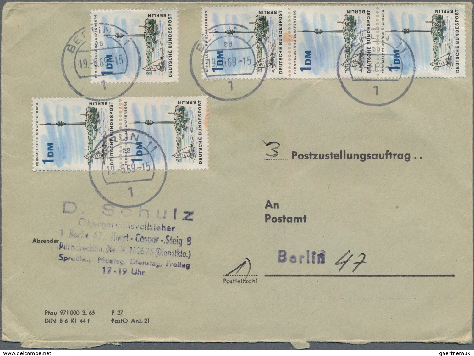 Berlin: 1966, 6 Stück 1 DM Fernmeldeturm Auf Postzustellungsauftrag In Berlin Gelaufen, Tolle MeF, K - Covers & Documents