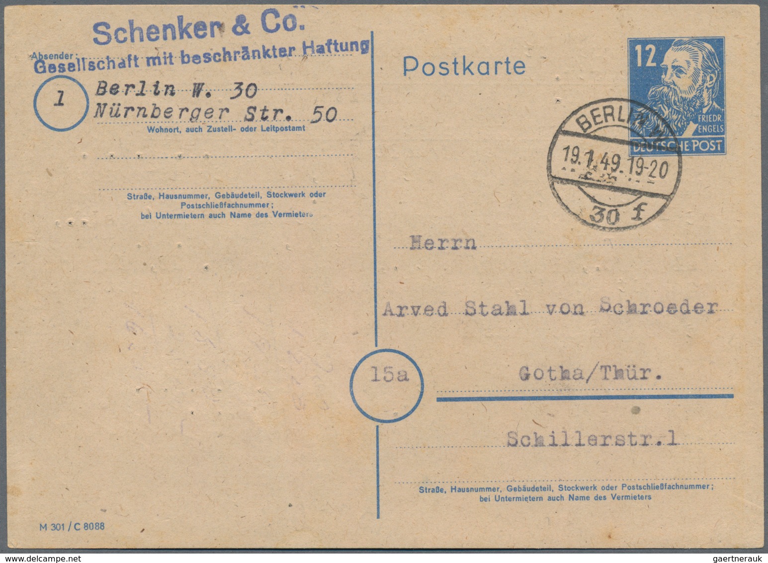 Berlin - Ganzsachen: 1949, Bedarfs- Und Portogerecht Verwendete Ganzsachenkarte 12 Pennig Blau Fried - Other & Unclassified