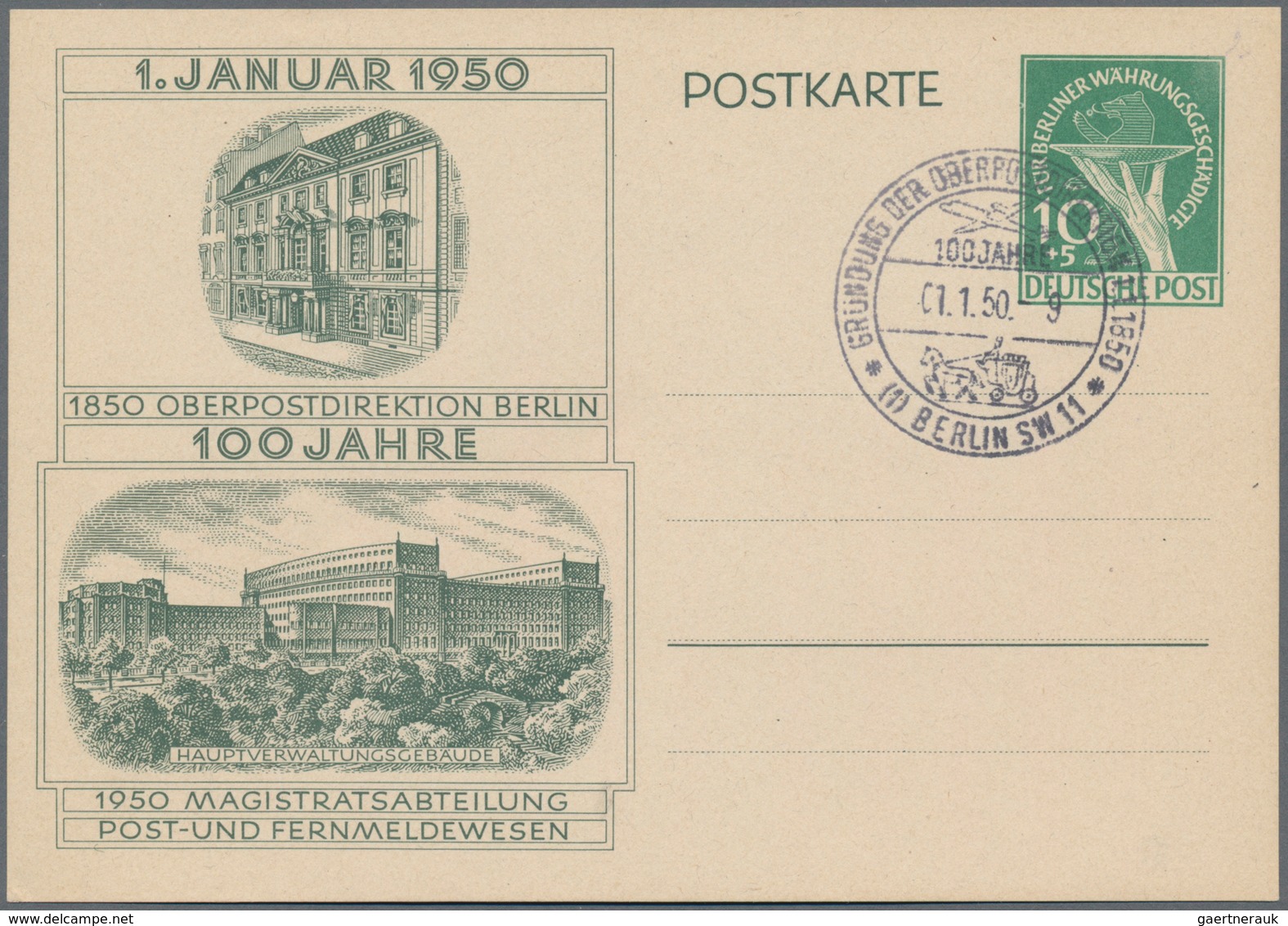 Berlin - Ganzsachen: 1950, Ungebrauchte Ganzsachenpostkarte 10 Pfennig Grün Auf Weiß Währungsgeschäd - Sonstige & Ohne Zuordnung