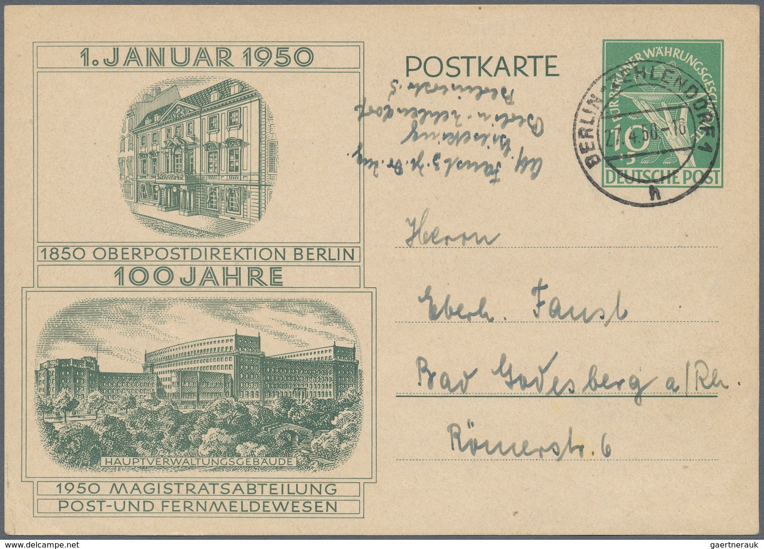 Berlin - Ganzsachen: 1950, Ganzsachenkarte 10 Pfg. Währungsgeschädigte Bedarfsgebraucht Von "BERLIN- - Other & Unclassified