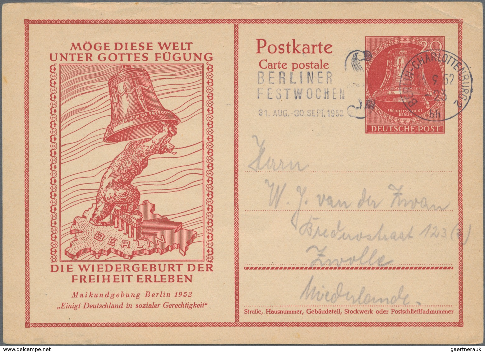 Berlin - Ganzsachen: 1952. Postkarte 20 Pf Glocke "Maifeier 1952". Gebraucht Mit Masch.-SST "Berline - Sonstige & Ohne Zuordnung